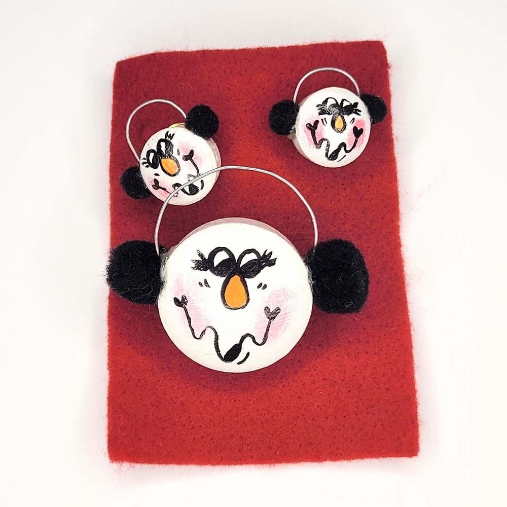 Handmade snowman wearing earmuffs toll painted Christmas winter earrings pin set